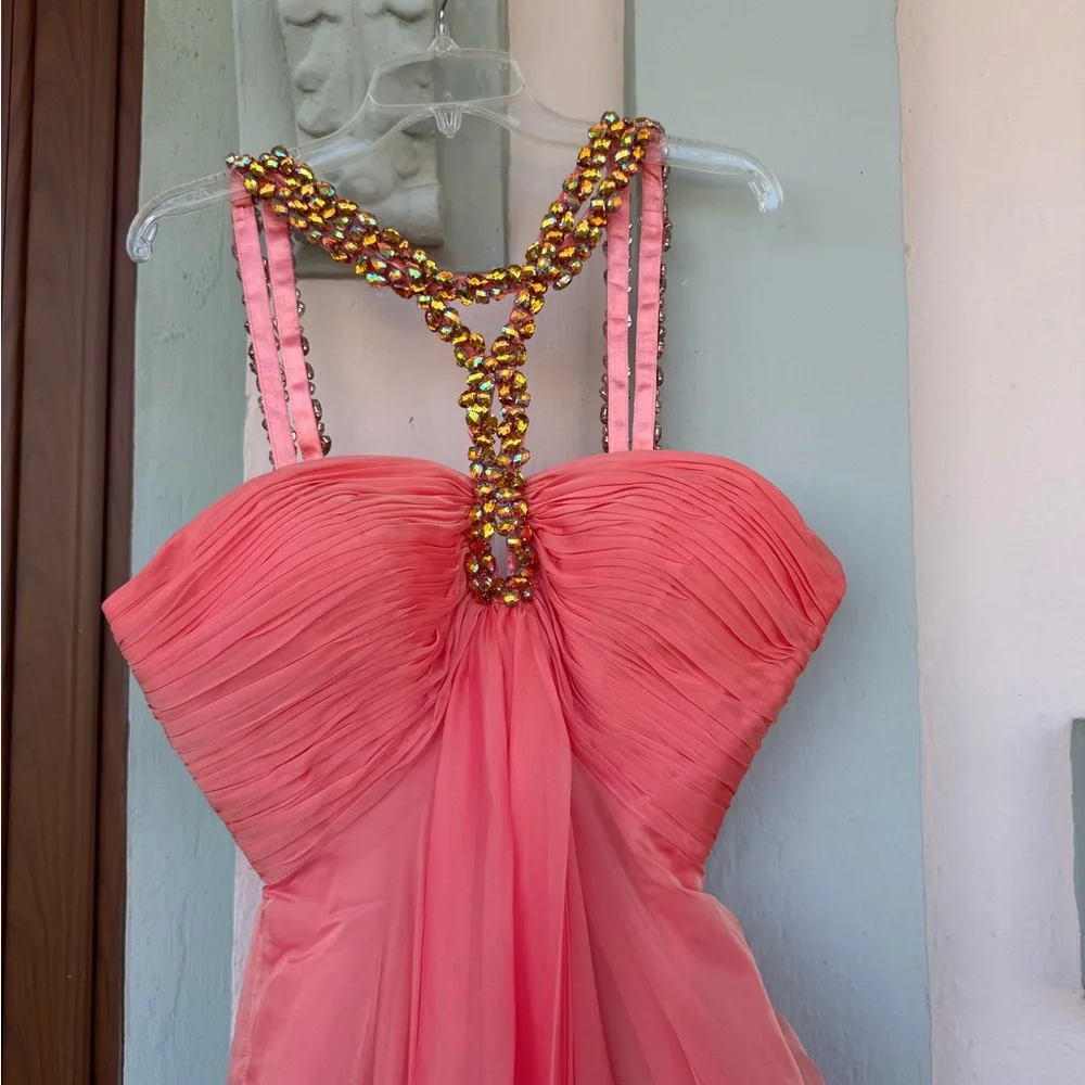 Vintage Salmon Pink Prom Coral Chiffon Dress Beaded Statement Sweetheart 2014 - Picture 4 of 8